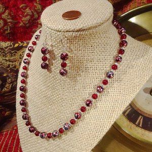 Handcrafted necklace/earrings with striking burgundy & silver accents